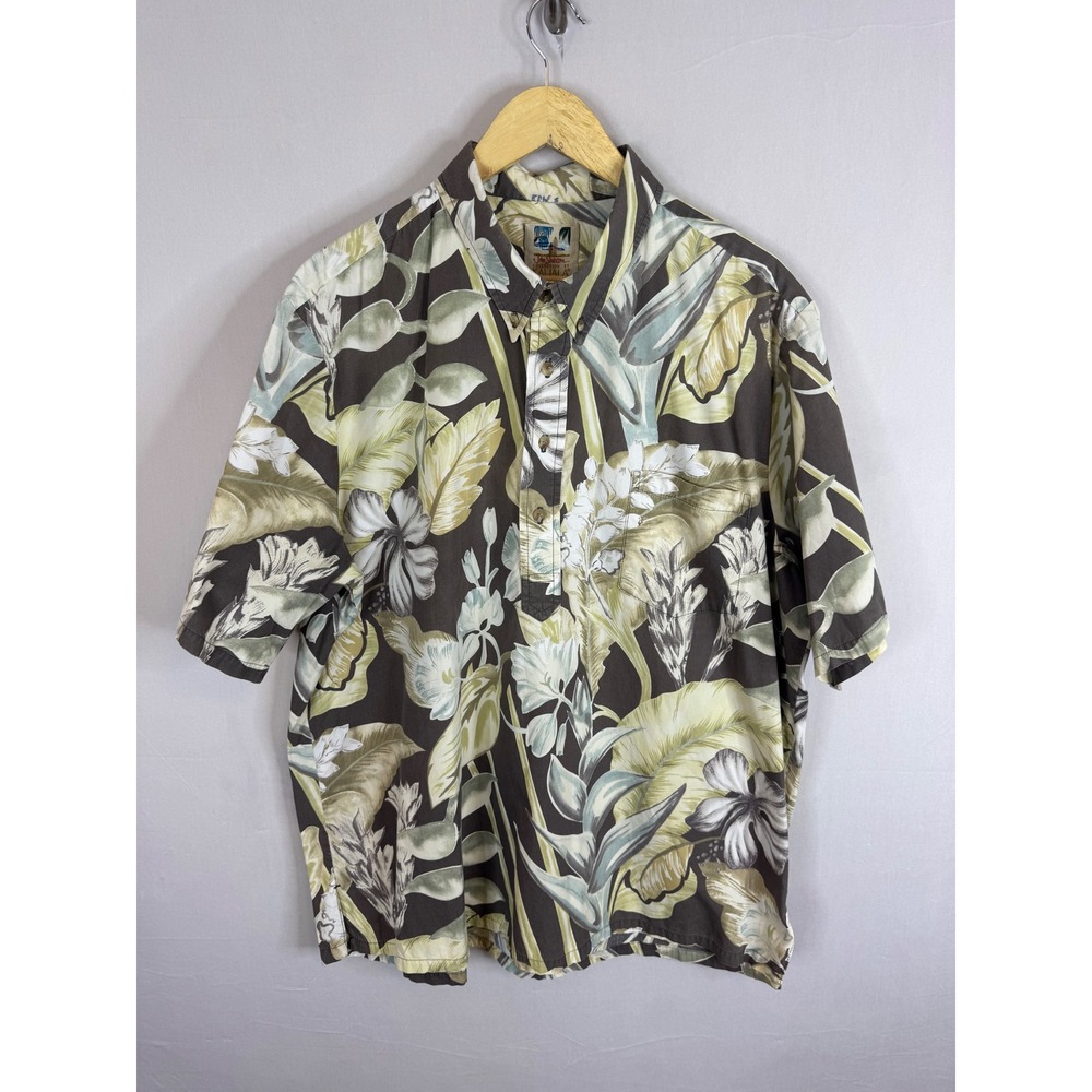 John Severson Kahala Mens XXL Hawaiian Shirt Cotton Floral Popover Green Grey